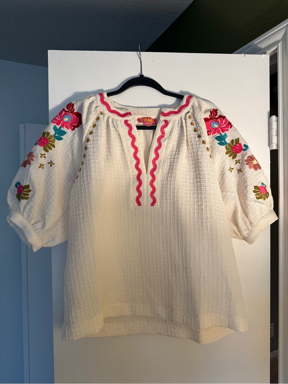 THML Ivory Peasant Blouse with Pink Trim and Multicolor Floral Embroidery
